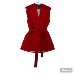 Zara Kimono Sleeveless Blazer Womens Small Red Lined Belted Waist Shawl Neck
